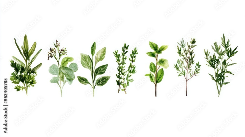 Watercolor Illustration of Various Green Herbs Watercolor Illustration of Various Green Herbs