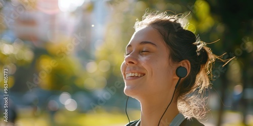 Joyful woman enjoying a break after running, feeling happy from her exercise routine and motivated by her fitness goals with earphones and a smile