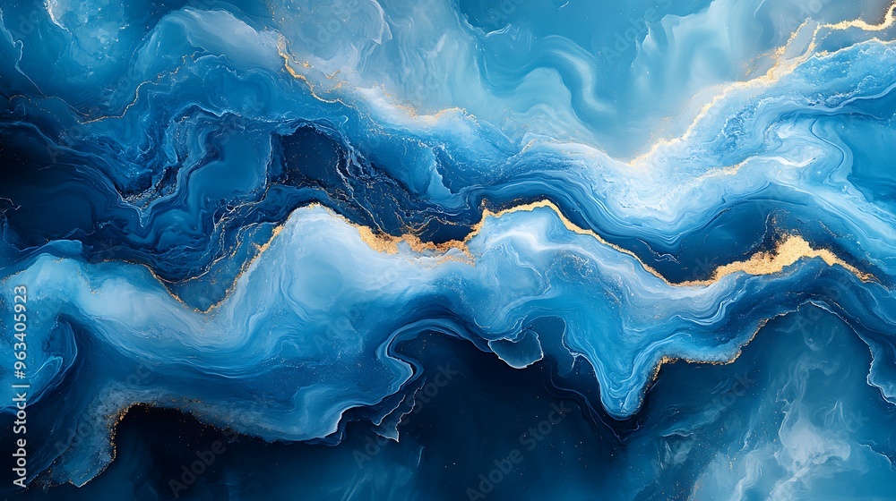 Fototapeta premium Abstract blue and gold liquid art with flowing and swirling patterns, creating a luxurious and elegant background.