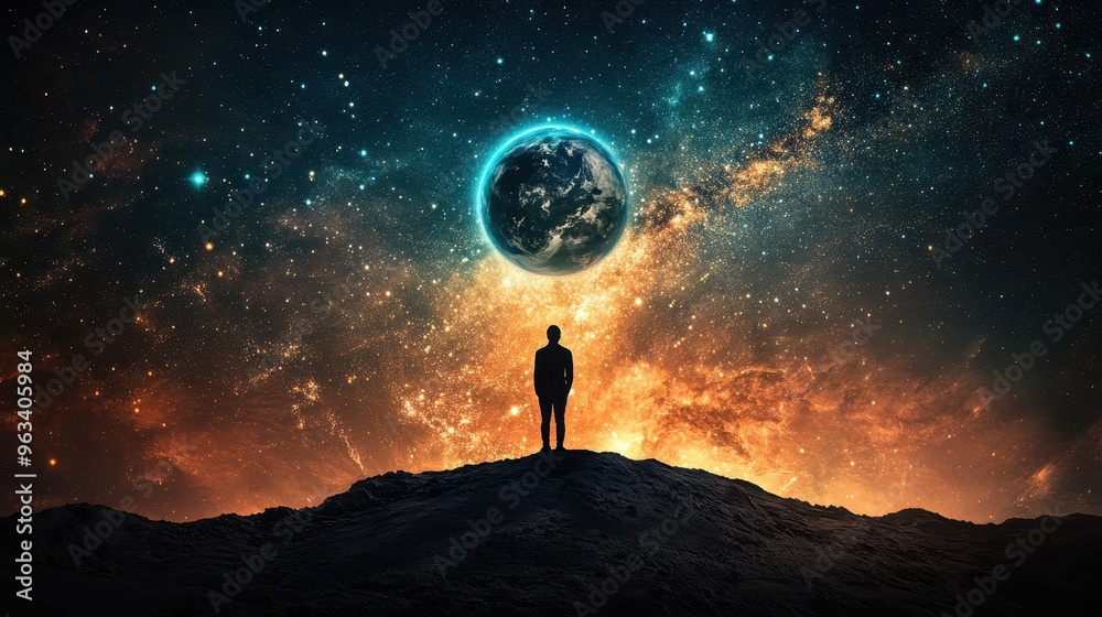 Fototapeta premium In Search of Infinity - Lone Figure on Cosmic Landscape with Earth and Galaxy Stars