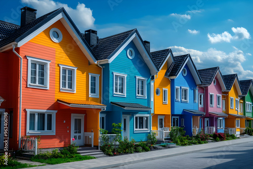 Vibrant Rainbow Neighborhood Photo - Colorful Houses in Suburban Street Photography