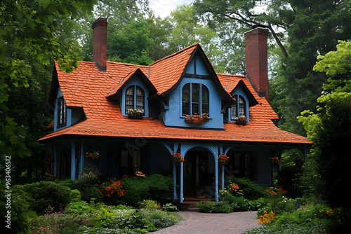 Whimsical Blue Cottage with Red Tile Roof - Photo