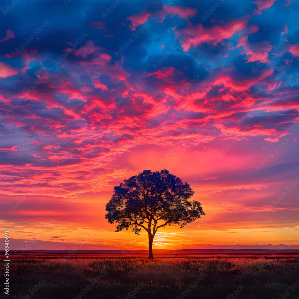 Serene Sunset with Silhouetted Tree: A Tranquil Moment of Nature's Beauty Captured in Vibrant Hues
