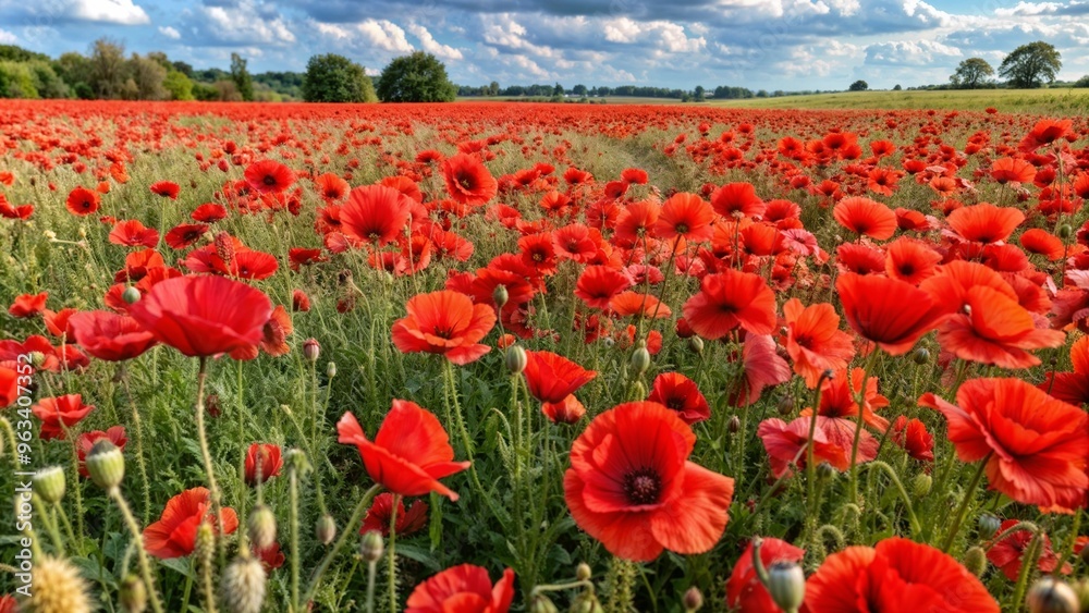 Vast Red Poppy Field under Blue Sky with Clouds Vast Red Poppy Field under Blue Sky with Clouds