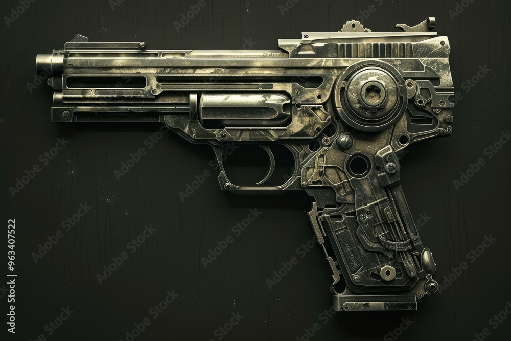 Futuristic metallic steampunk pistol with visible gears and mechanisms is resting on a dark surface Futuristic metallic steampunk pistol with visible gears and mechanisms is resting on a dark surface