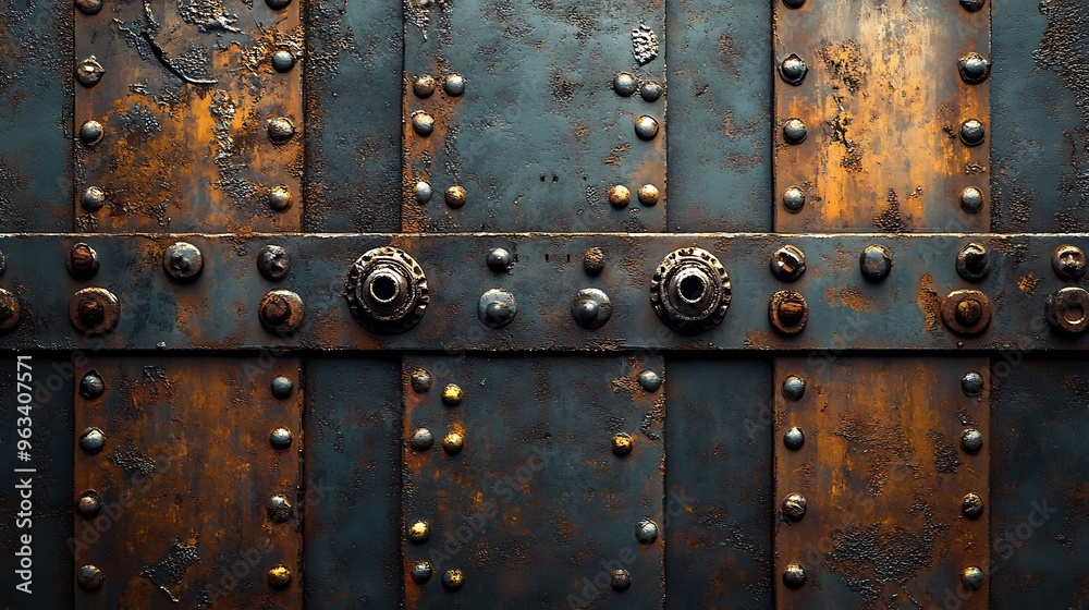 Fototapeta premium Close-up of a rusty metal door with rivets and bolts.