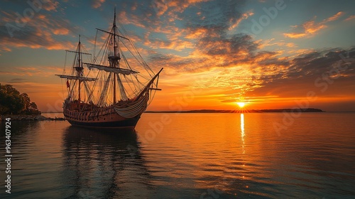 Replica of Columbus Ship at Sunset