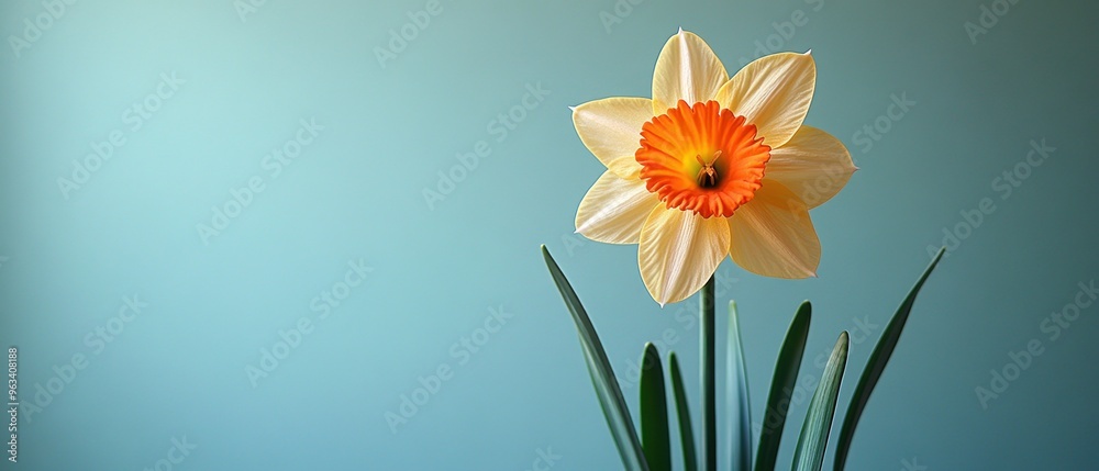 Single Yellow and Orange Daffodil Flower Against a Blue Background Single Yellow and Orange Daffodil Flower Against a Blue Background
