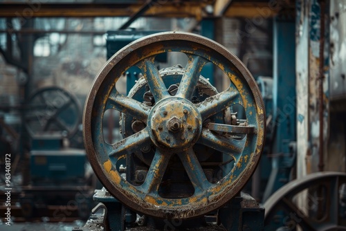 Rusty flywheel standing still in an abandoned factory, showing the effect of time passing