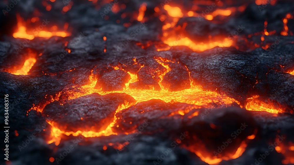 Closeup of glowing, molten lava flowing over dark, rocky terrain. Closeup of glowing, molten lava flowing over dark, rocky terrain.