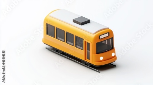 A 3D model of an orange tram on tracks, designed for transportation representation.