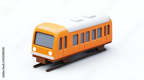 A 3D model of an orange train on tracks, representing public transport.