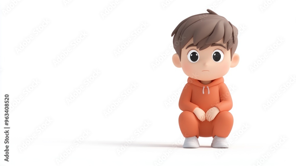 A 3D-rendered boy in an orange outfit sitting thoughtfully on a white background. A 3D-rendered boy in an orange outfit sitting thoughtfully on a white background.