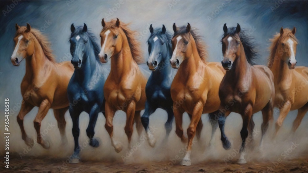 A seven-running horse painting design for wall art, seven-horse image canvas printing design. A seven-running horse painting design for wall art, seven-horse image canvas printing design.
