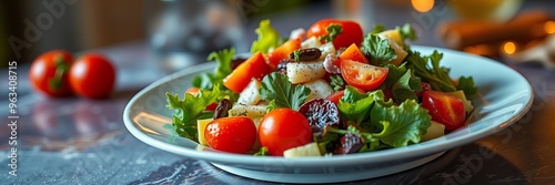 there is a salad with tomatoes, lettuce, and olives in a bowl. photo