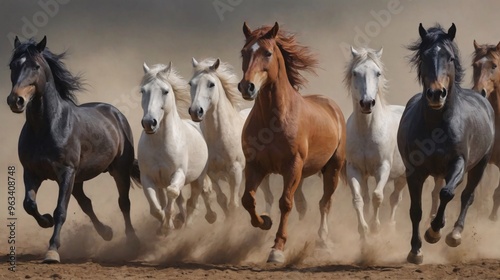 A beautiful black, brown, and white seven-horse painting design for Vastu correction, seven-horse painting.