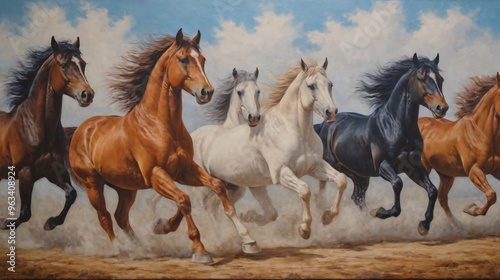 A six-horse painting design for wall art design, horses canvas painting printing design.