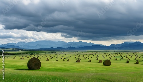 An open field, with mountains and dark clouds in the distance, and the farmland is covered with round haystacks and farmland, showing the harmony between nature and agriculture