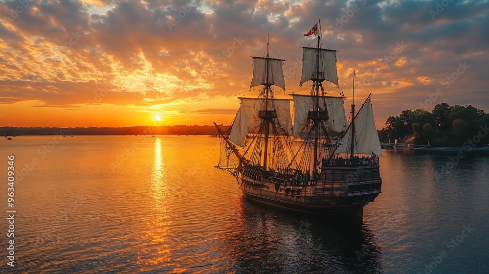 Fototapeta premium retro sailship at sunset
