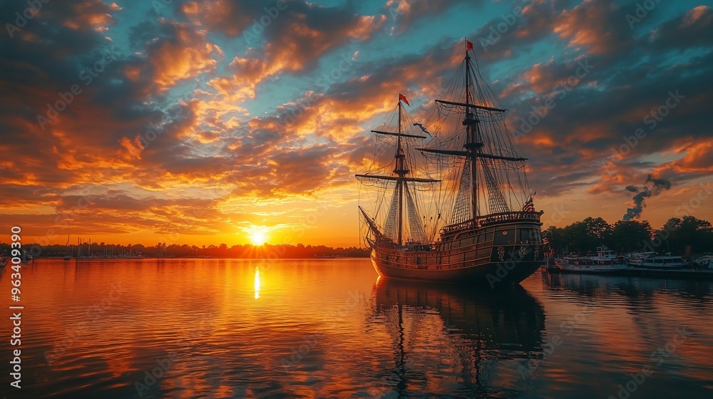 retro sailship at sunset retro sailship at sunset