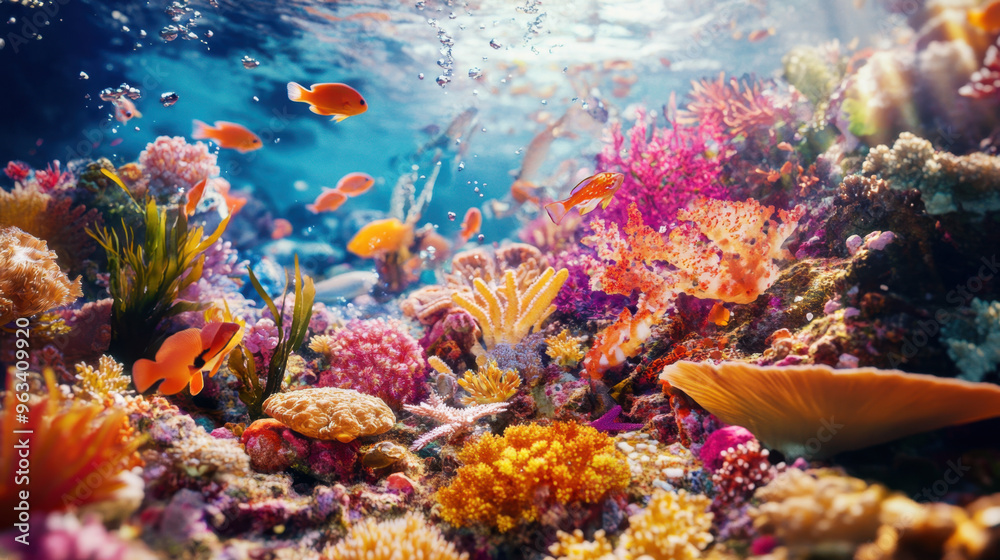 Fototapeta premium Vibrant underwater coral reef scene with colorful fish, showcasing marine biodiversity in crystal-clear tropical waters under the sunlight.
