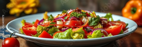 there is a bowl of salad with tomatoes and lettuce on the table. photo