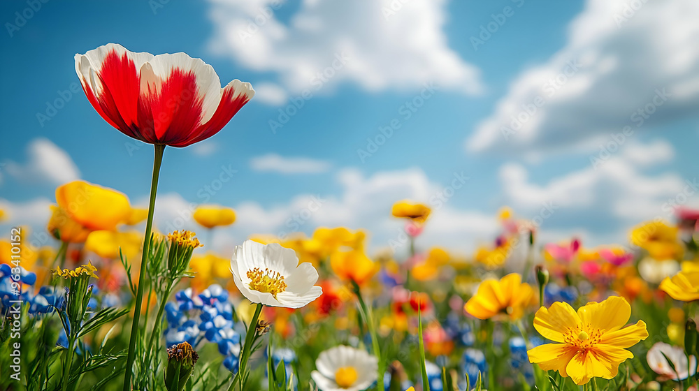 Vibrant Wildflower Meadow Photo - Red and White Poppy, Yellow Cosmos, and Blue Flowers Bloom under a Blue Sky Vibrant Wildflower Meadow Photo - Red and White Poppy, Yellow Cosmos, and Blue Flowers Bloom under a Blue Sky