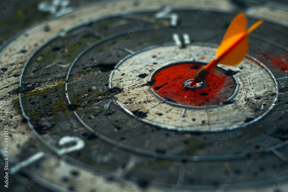 Orange dart is hitting the center of an old target, achieving a perfect score Orange dart is hitting the center of an old target, achieving a perfect score