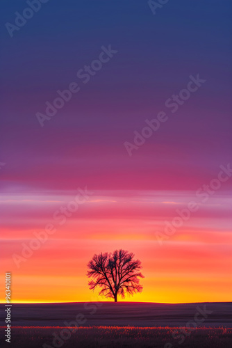 Serene Sunset with Silhouetted Tree: A Tranquil Moment of Nature's Beauty Captured in Vibrant Hues