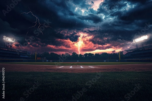 A dramatic baseball field under a stormy sky, with dark clouds and striking lightning, enhancing the intensity of the scene.