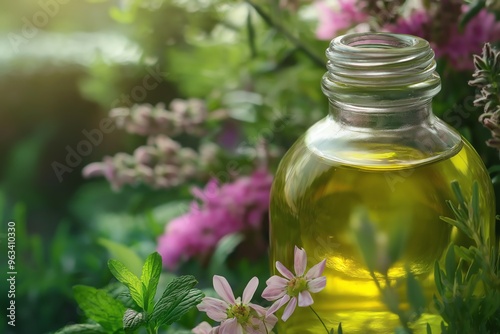 A glass bottle of essential oil sits amongst a bed of vibrant green leaves and pink flowers.