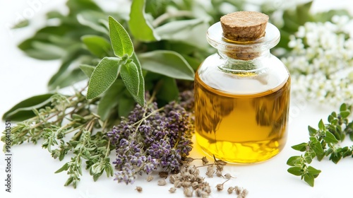 A glass bottle of essential oil surrounded by fresh herbs.