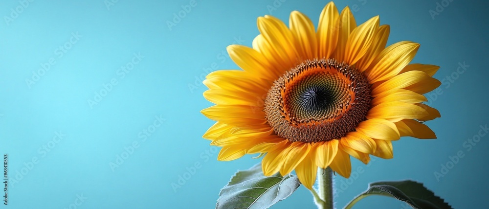 Obraz premium Close-up of a vibrant sunflower against a blue backdrop.