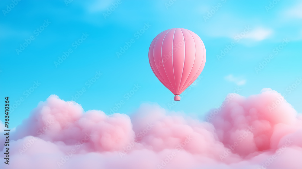 A pink hot air balloon floats above fluffy pink clouds A pink hot air balloon floats above fluffy pink clouds