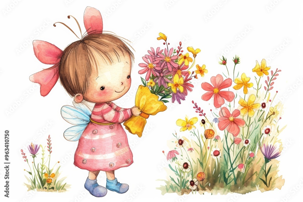 Whimsical fairy with flower bouquet in meadow Whimsical fairy with flower bouquet in meadow
