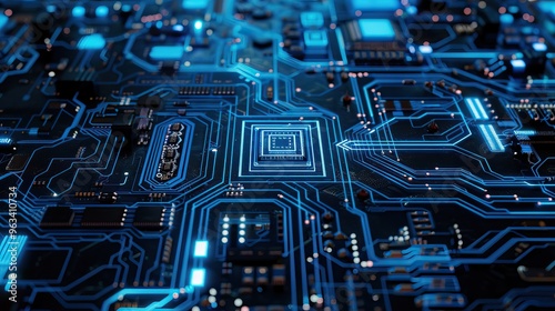 Close-up of High-Tech Circuit Board with Glowing Blue Lines and Microchips for Advanced Technology Concept