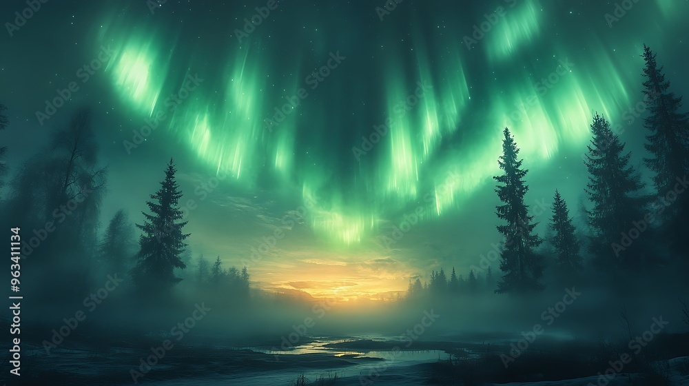 A vibrant green aurora borealis lights up the night sky above a dense forest, with a stream winding through the foreground and a faint sunrise in the distance.