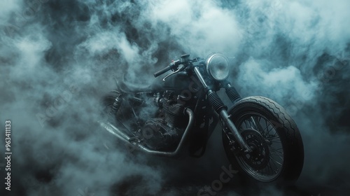 moody motorcycle detail partially obscured by smoke, exuding a sense of power, mystery, and rebellion.