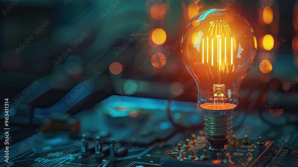 Glowing Light Bulb on a Circuit Board Representing Innovation and ...