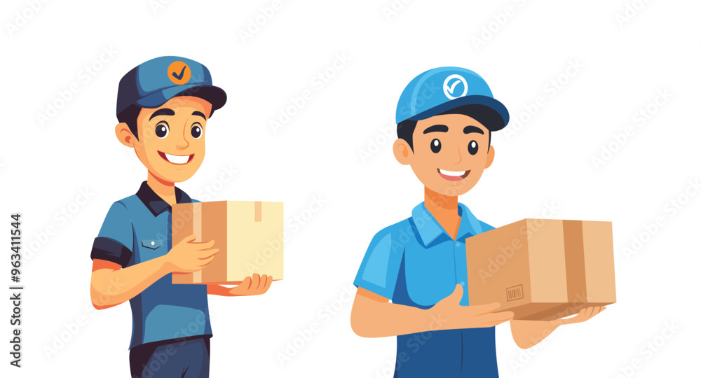Set of vector illustration of a delivery person with uniform holding a package on white background Set of vector illustration of a delivery person with uniform holding a package on white background