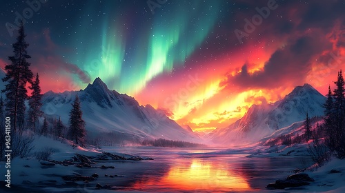 A vibrant aurora borealis lights up the night sky above a snowy mountain range and a frozen lake. photo