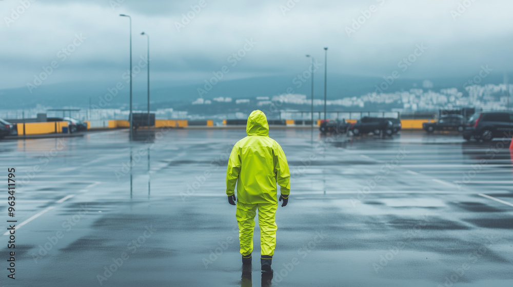 Man in Yellow Raincoat in Empty Parking Lot. Man in Yellow Raincoat in Empty Parking Lot.