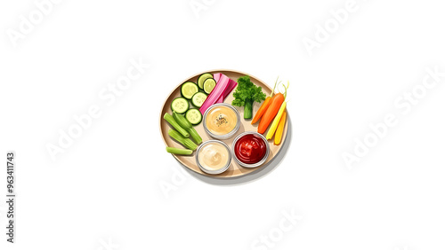 A tray of vegetable crudites with hummus for dipping transparent background 