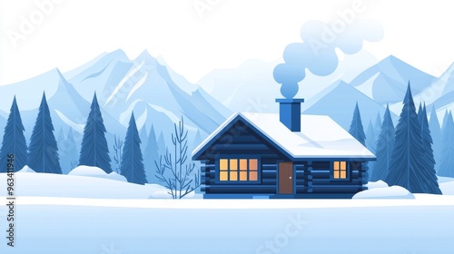 A cozy blue cabin nestled in snowy mountains, surrounded by pine trees and a tranquil winter landscape.