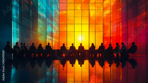 Business Meeting Silhouette - Team Gathered in Modern Office with Sunset Cityscape View Illustration