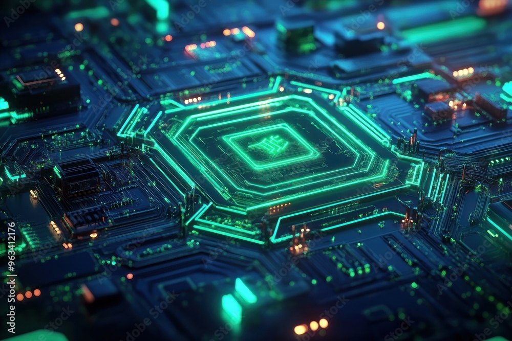 Fototapeta premium Futuristic Circuit Board with Glowing Green Lines and Orange Lights