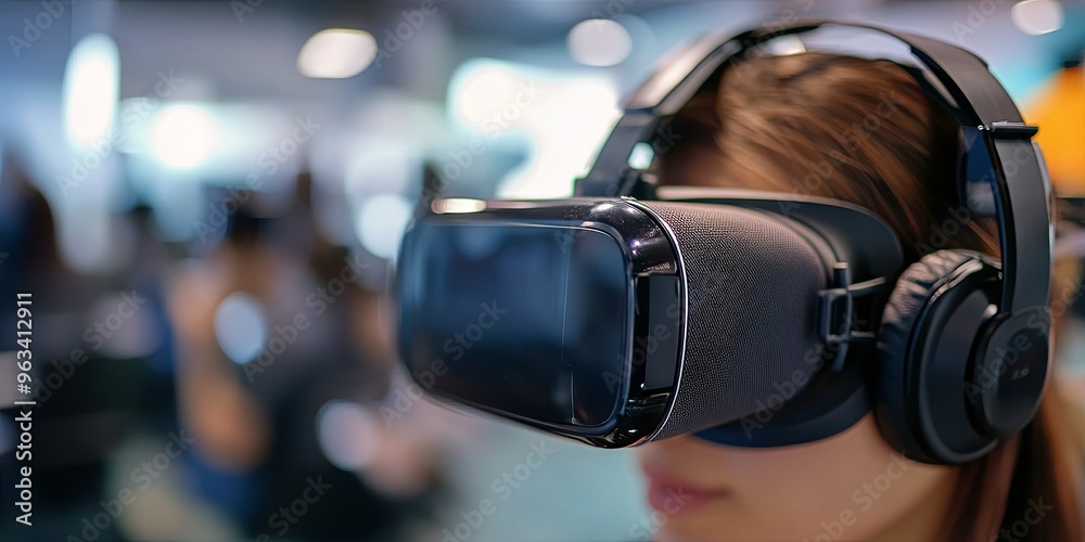 Fototapeta premium Woman wearing VR headset with headphones