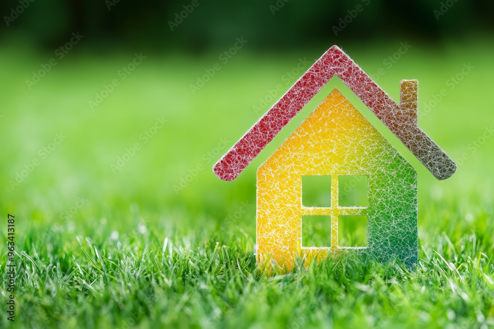 Creative background of House Energy Efficiency. Shape of house on the green grass. Creative background of House Energy Efficiency. Shape of house on the green grass.