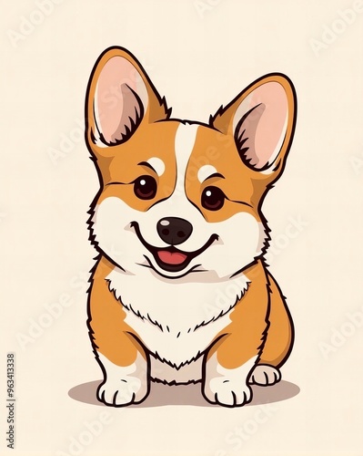 cartoon dog with a happy face sitting on a white surface.