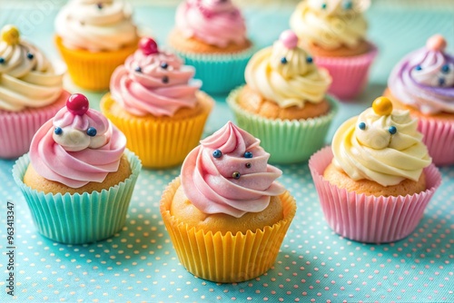 Colorful cupcakes with swirled frosting on polka dot tablecloth in pastel colors